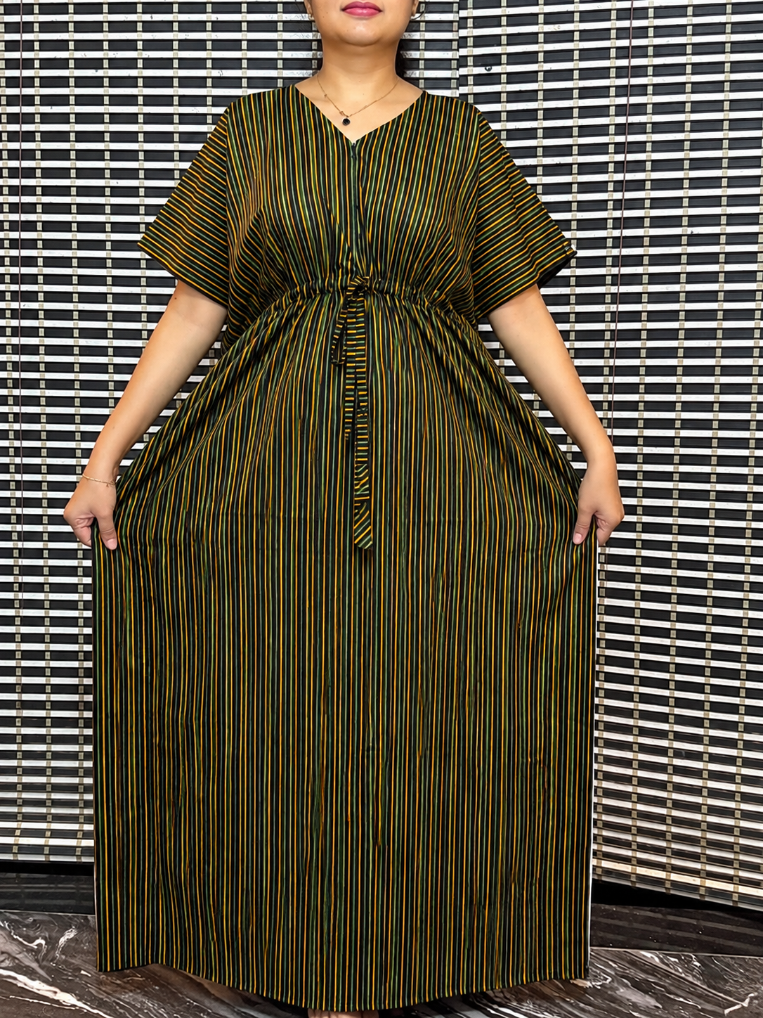 2026/09/104002.png pink blossom yellow line Kaftan - Image 1